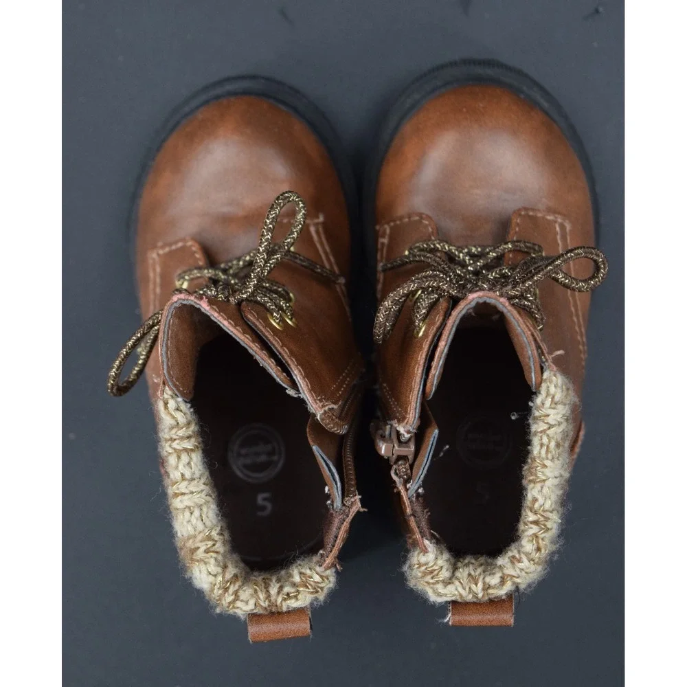 Wonder Nation Lace Up Boots Toddler Size 5 Brown Excellent Knit Collar Zipper